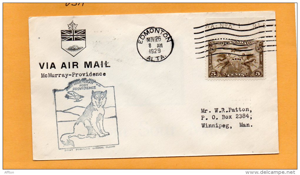 Mc Murray To Providence 1929 Canada Air Mail Cover - Eerste Vluchten