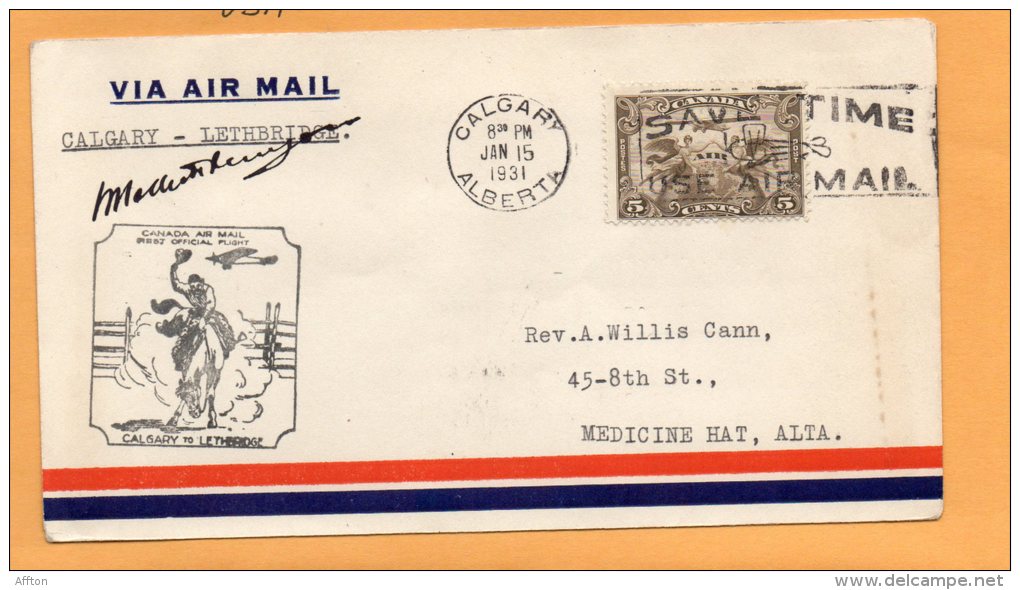 Calgary To Lethbridge 1931 Canada Air Mail Cover - Eerste Vluchten