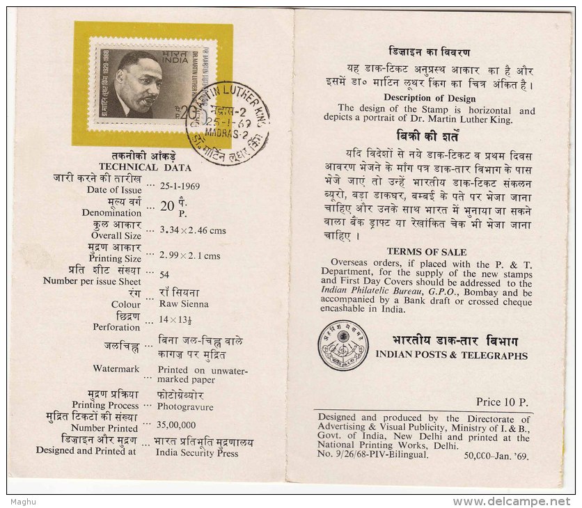 Stamped Information Sheet On Martin Luther King, Famous People, Nobel Prize, India 1969 - Martin Luther King