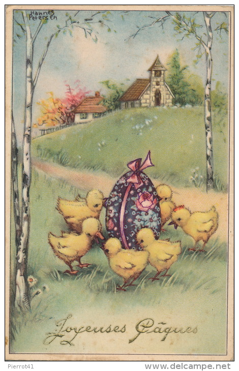 Jolie Carte Fantaisie Poussins Et Oeuf De "Joyeuses Pâques " Signée HANNES PETERSEN - Petersen, Hannes