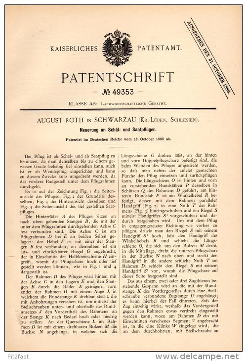 Historical Documents - Original Patentschrift - A. Roth in Schwarzau /  Czerniec b. Lüben / Lubin i. Schlesien , 1888 , Saatpflug , Agrar !!!