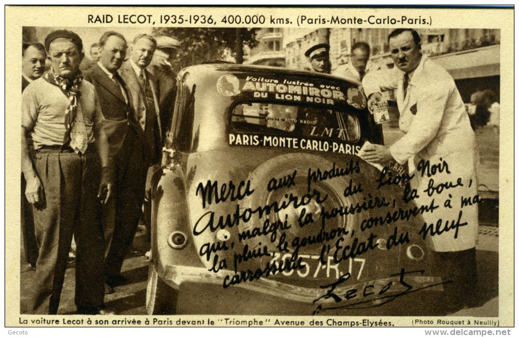 Raid Lecot (paris-monte Carlo - Paris) - La Voiture Lecot Devant " Le Triomphe" Aux Champs élysées 1936 - Rally