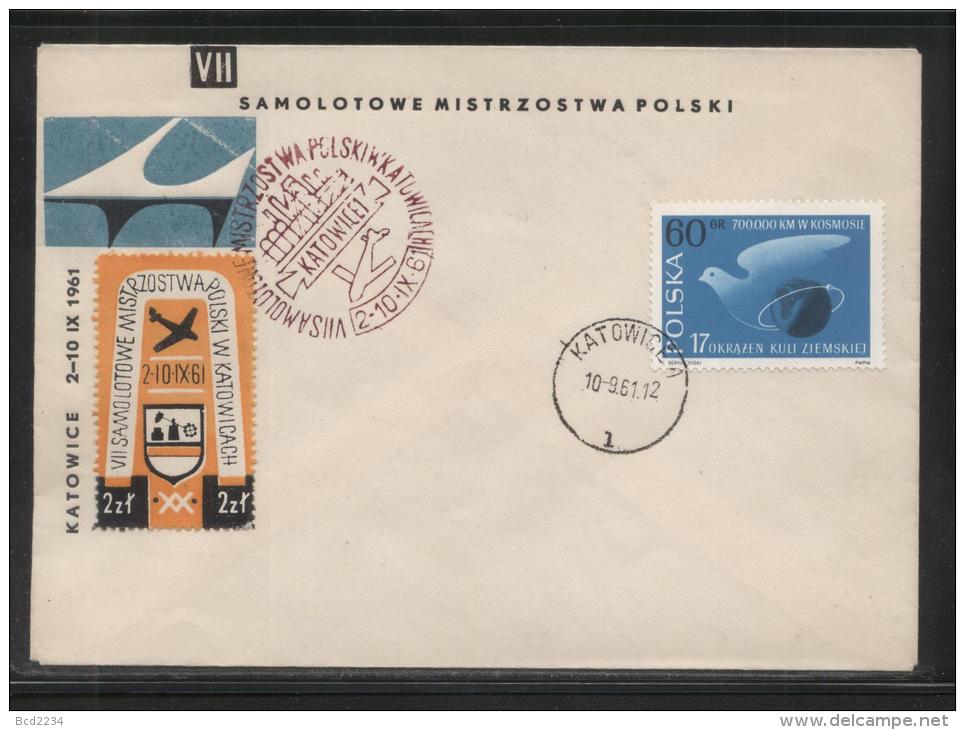 POLAND 1961 VII AIRCRAFT CHAMPIONSHIPS KATOWICE FLOWN COVER RED-VIOLET CANCEL PERF CINDERELLA LABEL AIRPLANE - Aviones