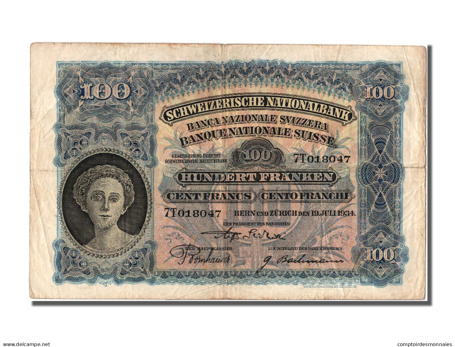 Billet, Suisse, 100 Franken, 1934, 1934-07-19, TTB - Suiza