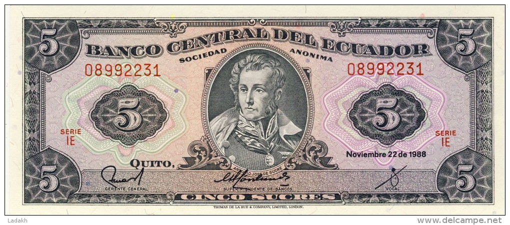 BILLET # EQUATEUR # 5 SUCRES # CINCO SUCRES # 1988 # ANTONIO JOSE DE SUCRE # PICK 113 # - Ecuador