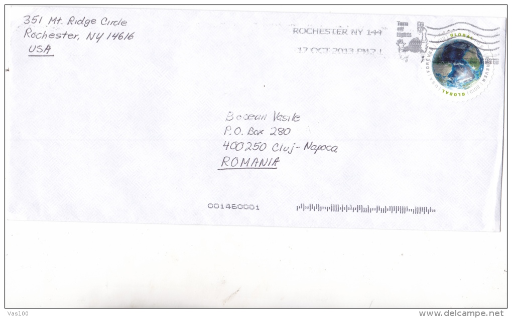 EARTH GLOBE STAMP ON COVER, FROM ROCHESTER TO ROMANIA, 2013, USA - Briefe U. Dokumente