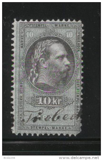 AUSTRIA 1875  EMPEROR FRANZ-JOZEF 10KR GREEN REVENUE ERLER 107 PERF 10.50 X 10.50 - Fiscale Zegels