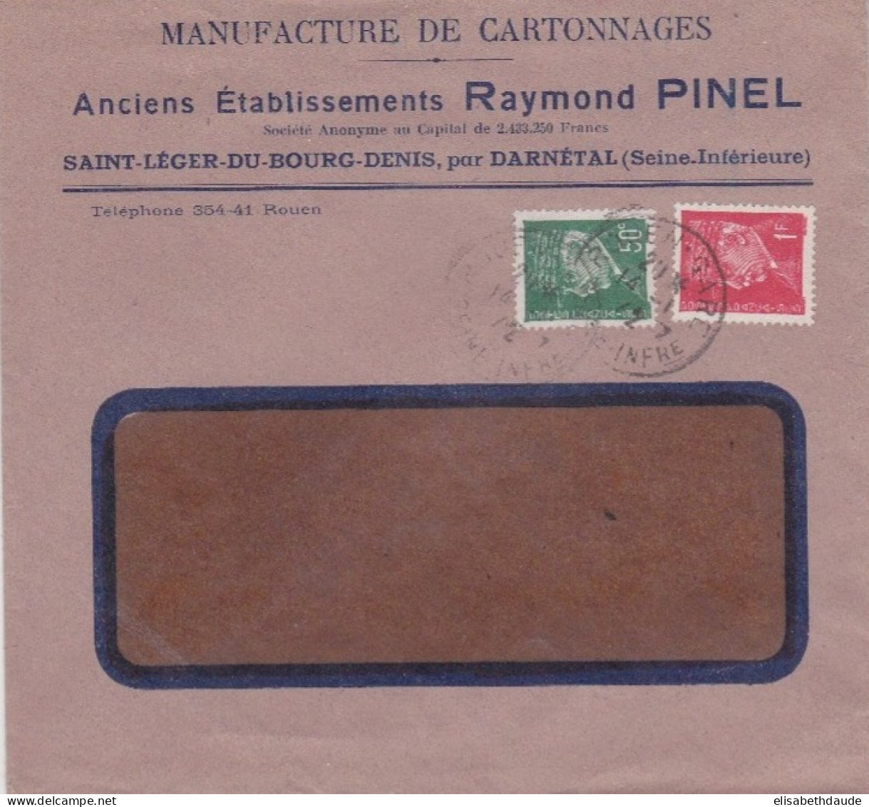 PETAIN - 1942 - ENVELOPPE PUBLICITAIRE De La MANUFACTURE De CARTONNAGES à ST LEGER DU BOURG DENIS (SEINE INFERIEURE) - 1941-42 Pétain