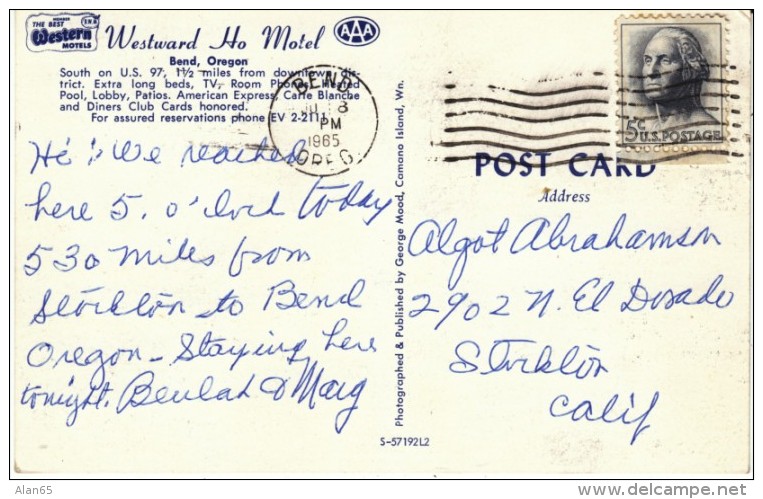 Bend OR Oregon, Westward Ho Motel, Auto, Motel Sign C1960s Vintage Postcard - Andere & Zonder Classificatie