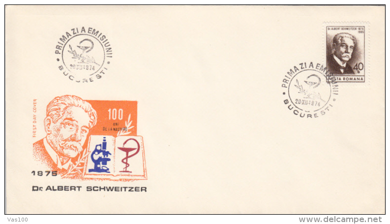 ALBERT SCHWEITZER, PHISICIAN, COVER FDC, 1974, ROMANIA - Albert Schweitzer