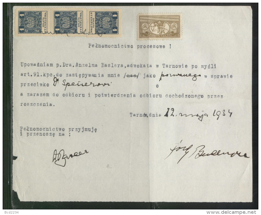 POLAND 1934 POWER OF ATTORNEY WITH 50GR COURT JUDICIAL REVENUE BF#17 & 3 X 1ZL GENERAL DUTY REVENUE BF#106 - Steuermarken