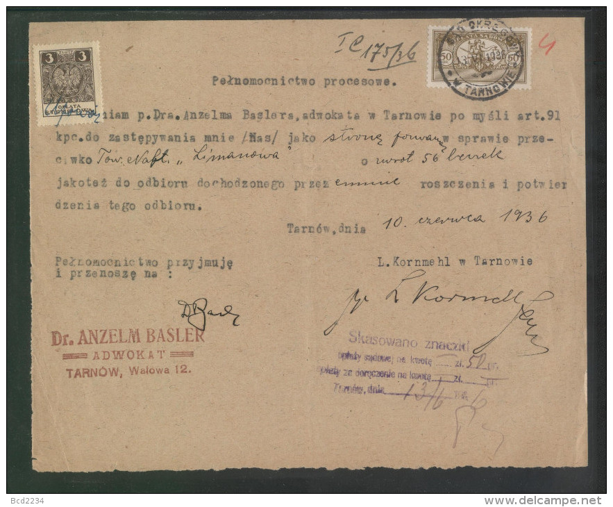 POLAND 1936 POWER OF ATTORNEY WITH 50GR COURT JUDICIAL REVENUE BF#17 & 3ZL GENERAL DUTY REVENUE BF#108 - Steuermarken