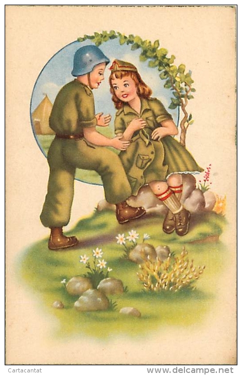 DOLCI PAROLE TRA LUI E LEI VESTITI DA MILITARI ! SIMPATICA CARTOLINA ANNI '50 - Valentine's Day