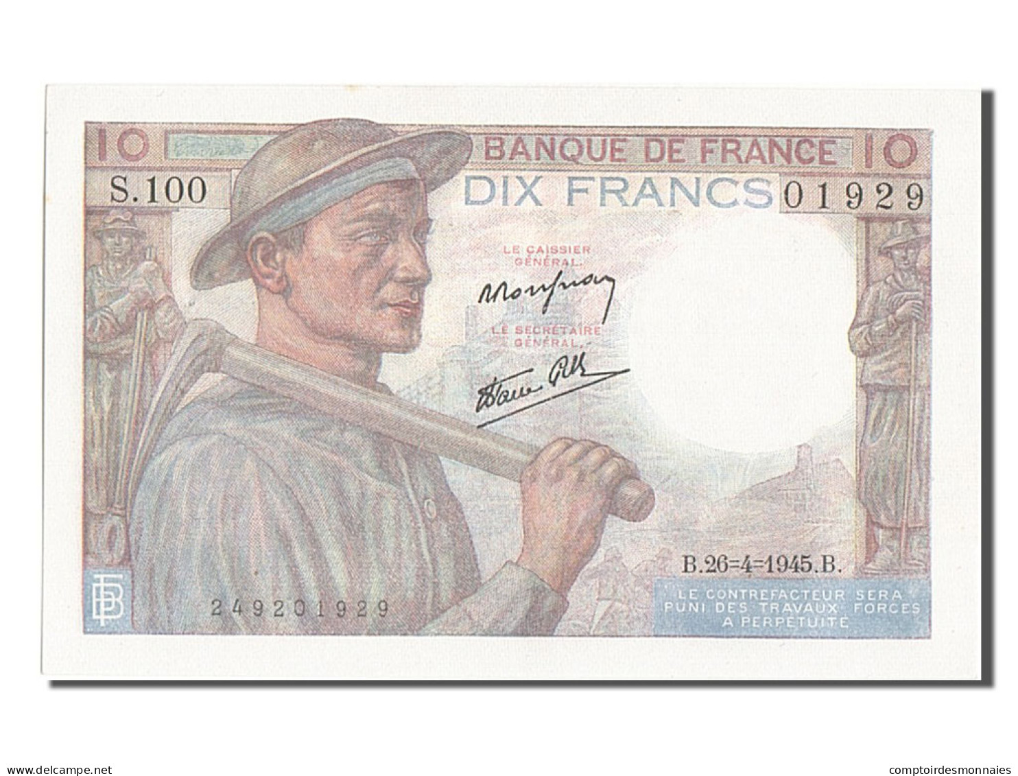 Billet, France, 10 Francs, 10 F 1941-1949 ''Mineur'', 1945, 1945-04-26, SPL - 10 F 1941-1949 ''Mineur''