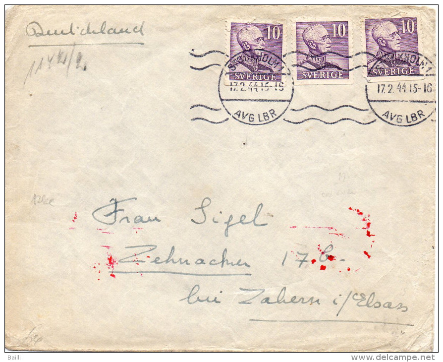 SUEDE LETTRE CENSUREE POUR L'ALSACE 1944 - Autres & Non Classés