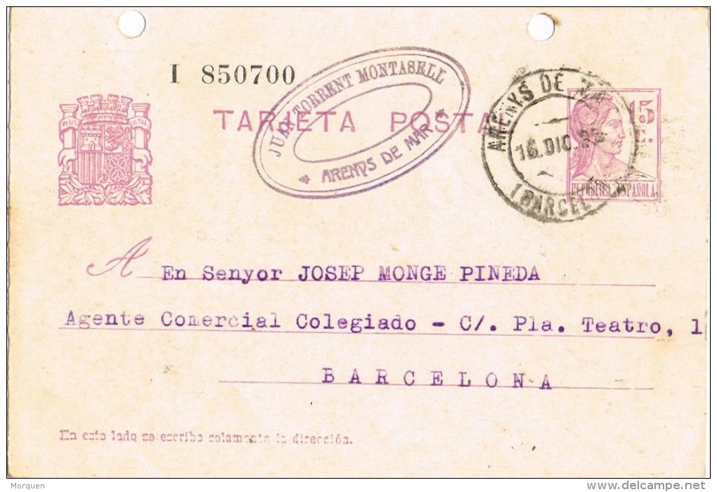 7065. Entero Postal ARENYS De MAR (Barcelona) 1935. Variedad Impresion - 1931-....