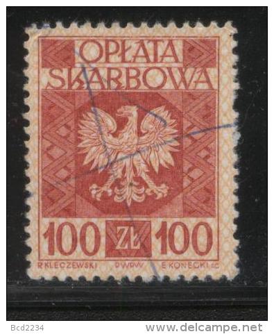 POLAND GENERAL DUTY REVENUE (OPLATA SKARBOWA) 1960 ENGRAVED EAGLE ON SHIELD WITH IMPRINT 100ZL RED USED BF#194 - Steuermarken