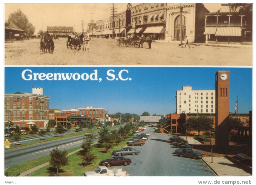 Greenwood SC South Carolina, 'Then &amp; Now' Main Street Scene, C1990s/2000s Vintage Postcard - Greenwood