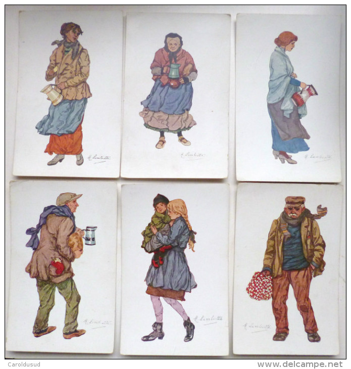 Cpa Lot 6x Litho Illustrateur M. LAMBIOTTE Femme Fille Cruche Homme Costume BRUXELLES Types Vus Hiver Guerre 1914 -1915 - Collections & Lots