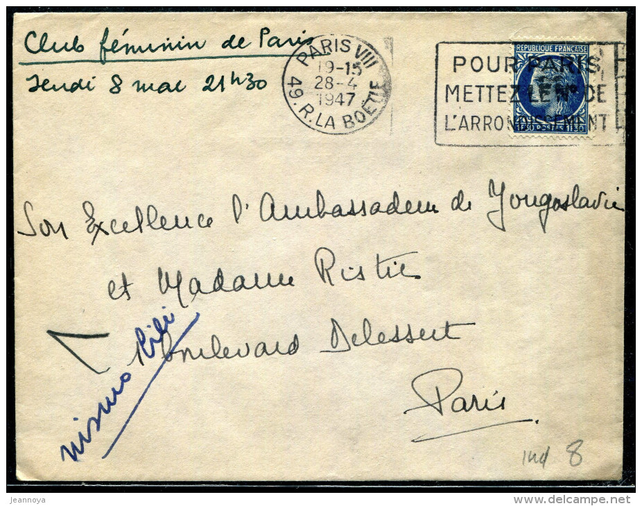 FRANCE - CÉRÈS DE MAZELIN - N° 678 / LETTRE O.M. PARIS LE 28/4/1947, POUR PARIS - TB - 1945-47 Ceres Of Mazelin