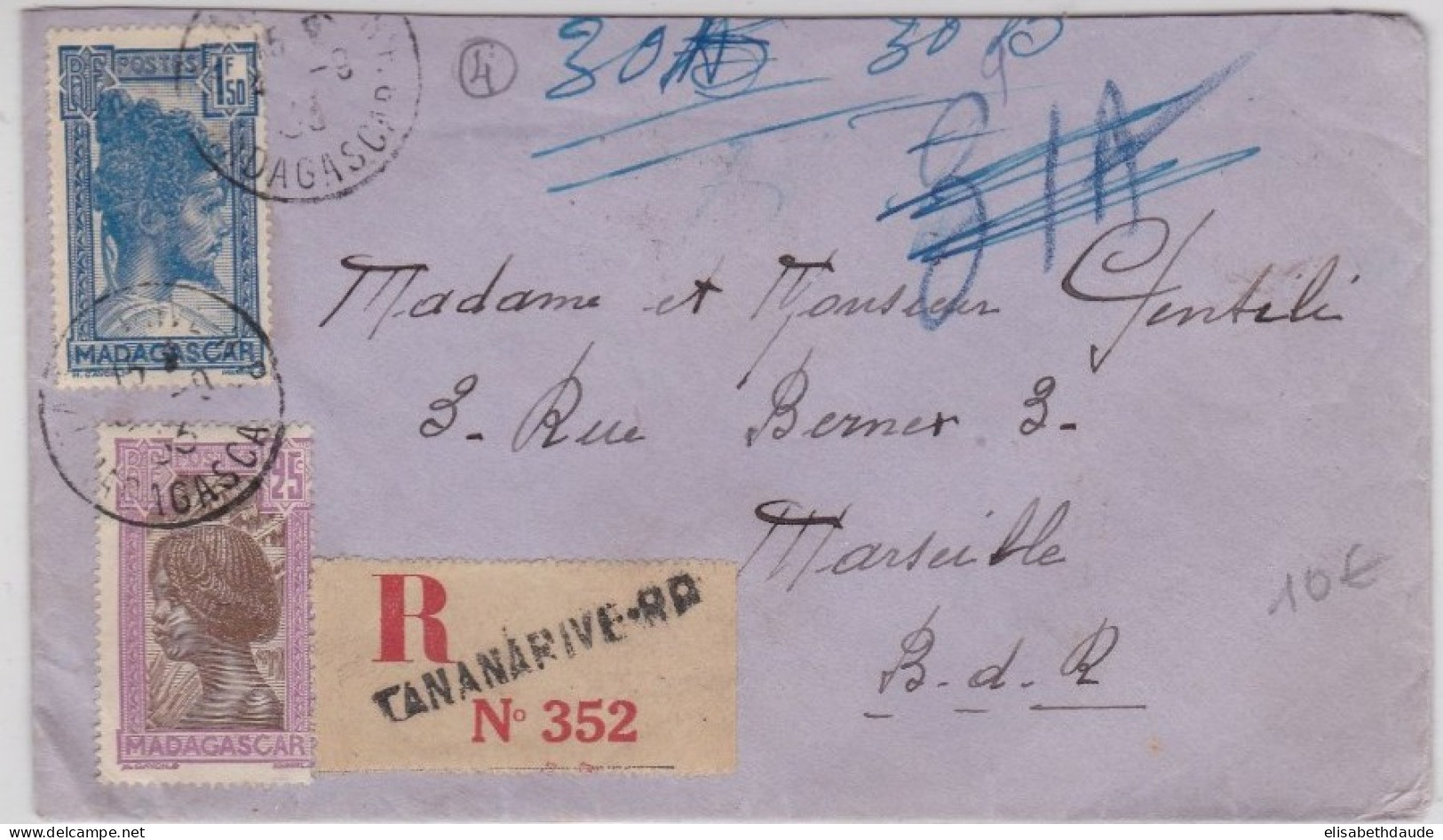 MADAGASCAR - 1933 - ENVELOPPE RECOMMANDEE De TANANARIVE Pour MARSEILLE - Briefe U. Dokumente