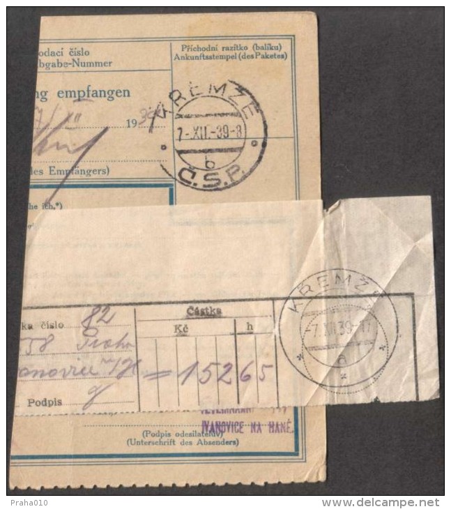 BuM0618 - Böhmen Und Mähren (1939) Ivanovice Na Hane / Kremze (Postal Parcel Dispach) Tariff: 50h + 9,30K - Brieven En Documenten