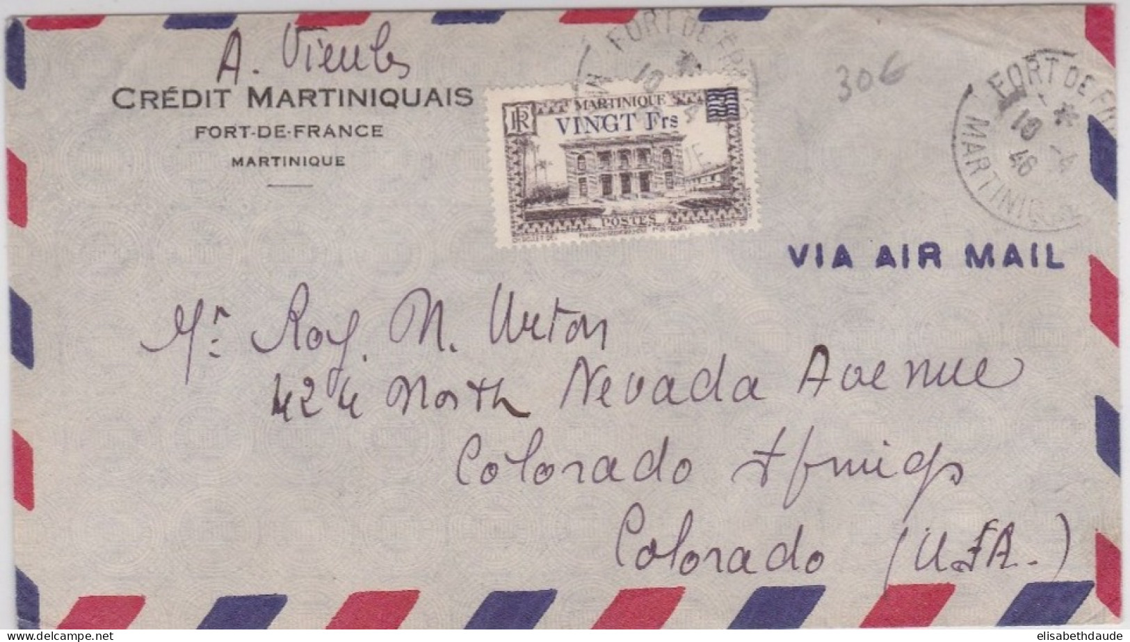 MARTINIQUE - 1946 - RARE SEUL SUR LETTRE (COTE MAURY = 135 EUR) AIRMAIL De FORT DE FRANCE Pour COLORADO (USA) - Storia Postale