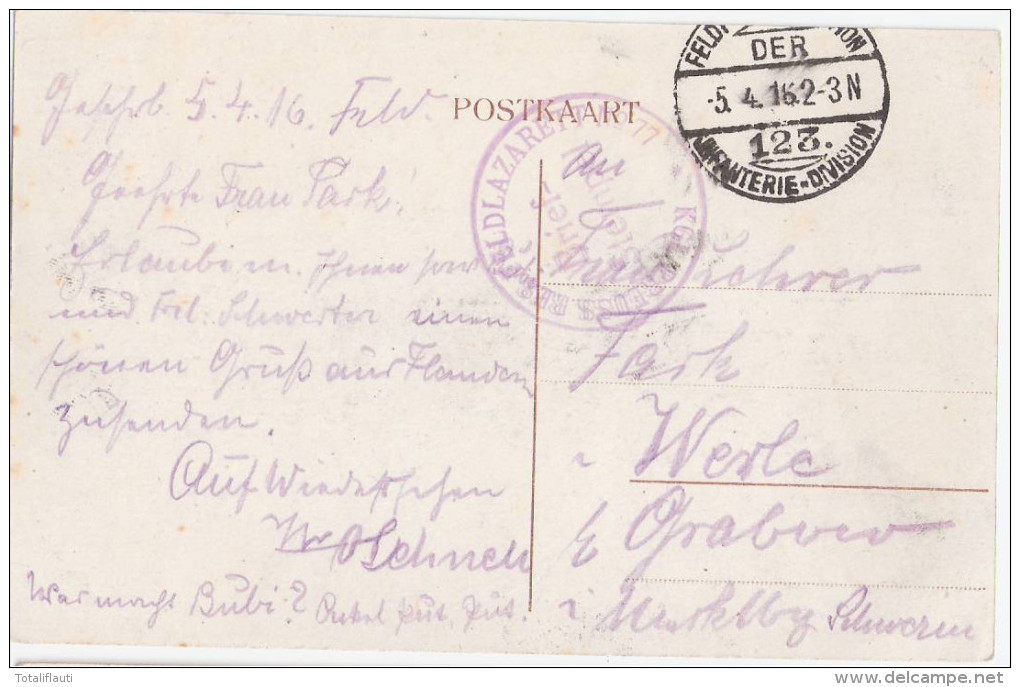 Thourout Statievijver Grande Guerre 14.18 Feldpost Königlich Preußisches Feldlazarett No 77 Gelaufen 5.4.1916 - Torhout