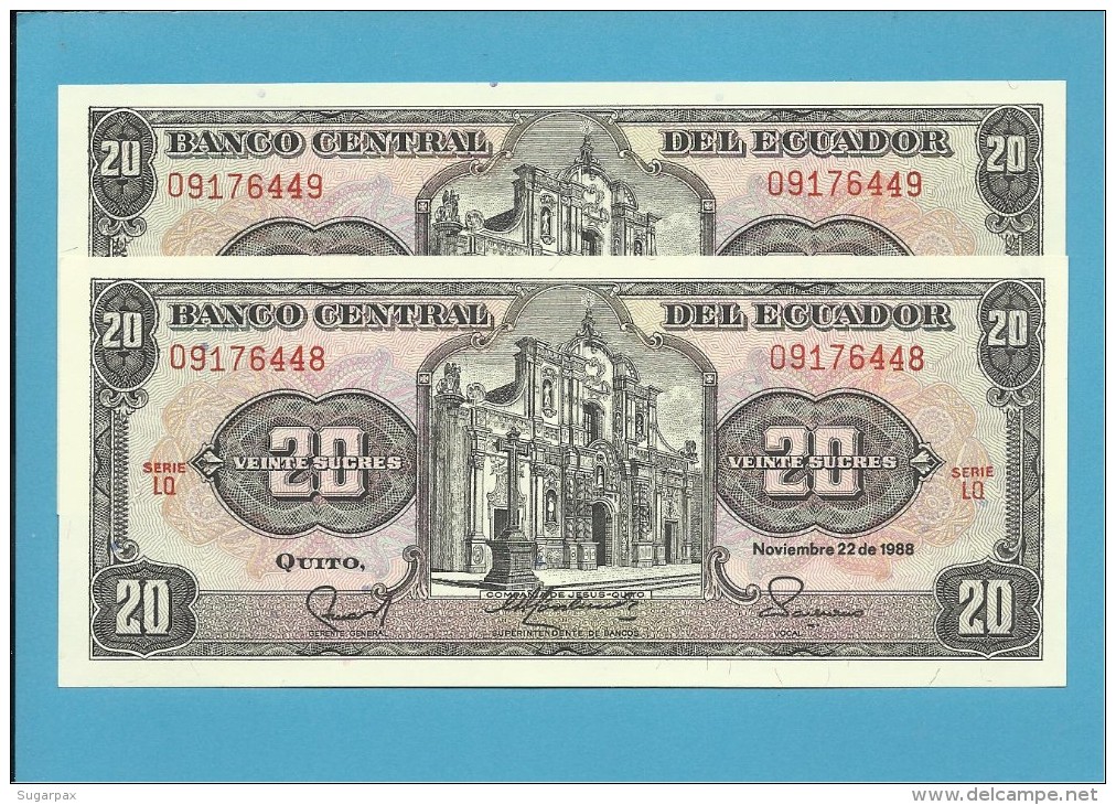 ECUADOR - 2 X 20 SUCRES - 22.11.1988 - Pick 121A - Série LQ - UNC.- FOLLOWED NUMBERS-NOMBRES SUIVANTS-NUMEROS SEGUIDOS - Ecuador