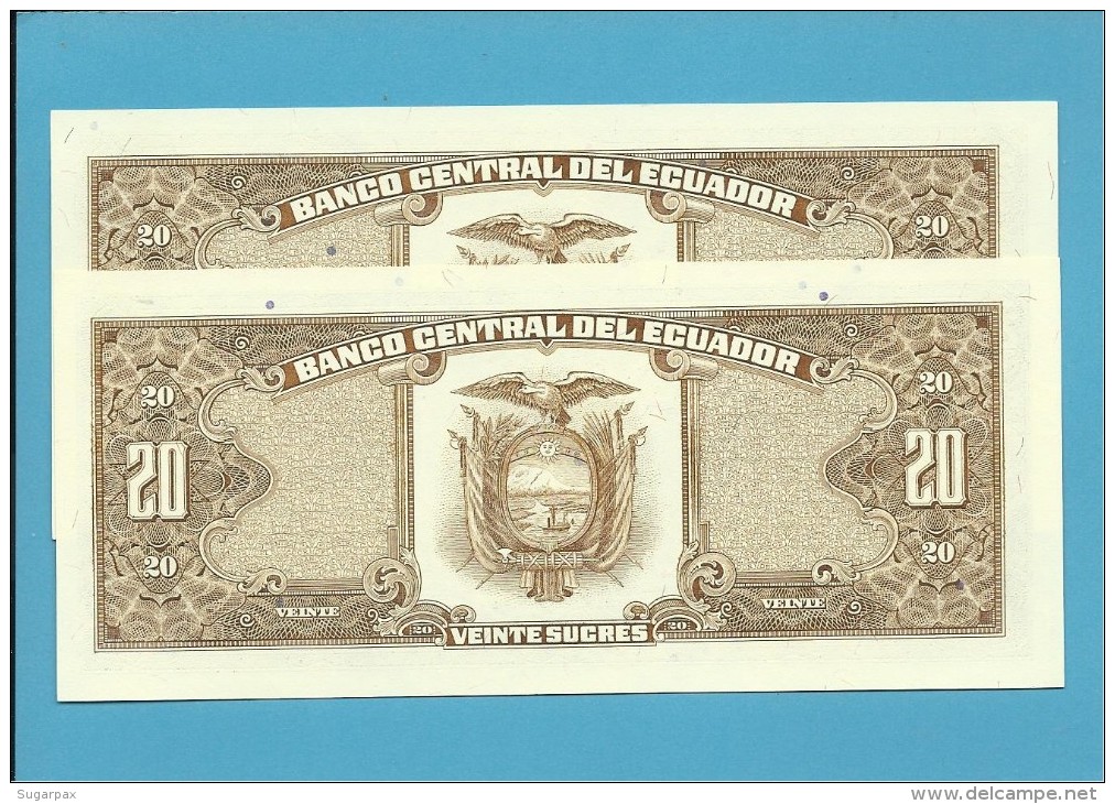 ECUADOR - 2 X 20 SUCRES - 22.11.1988 - Pick 121A - Série LQ - UNC.- FOLLOWED NUMBERS-NOMBRES SUIVANTS-NUMEROS SEGUIDOS - Ecuador