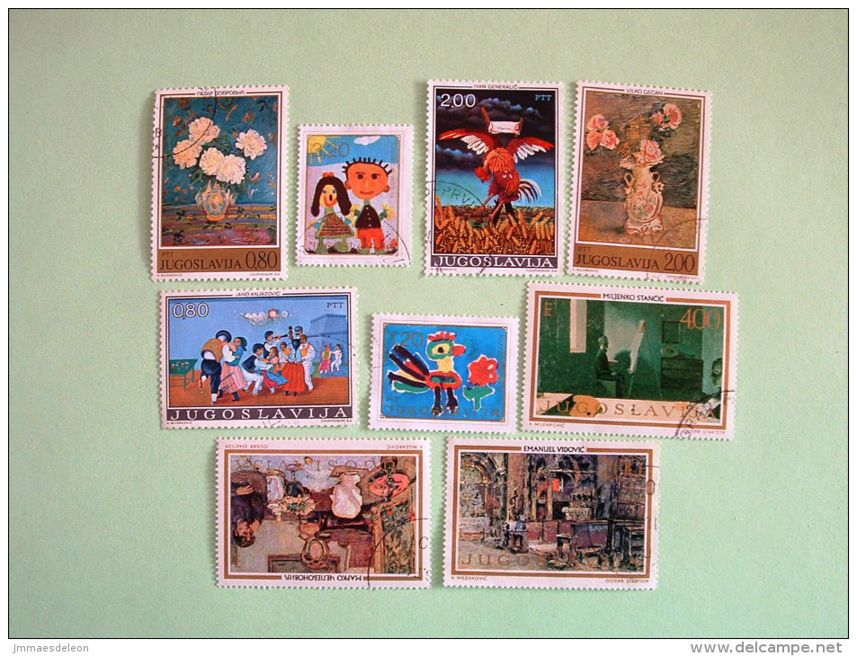 Yugoslavia 1973/74 Paintings Children Drawings Rooster Flowers Roses Dance House Interiors - Oblitérés