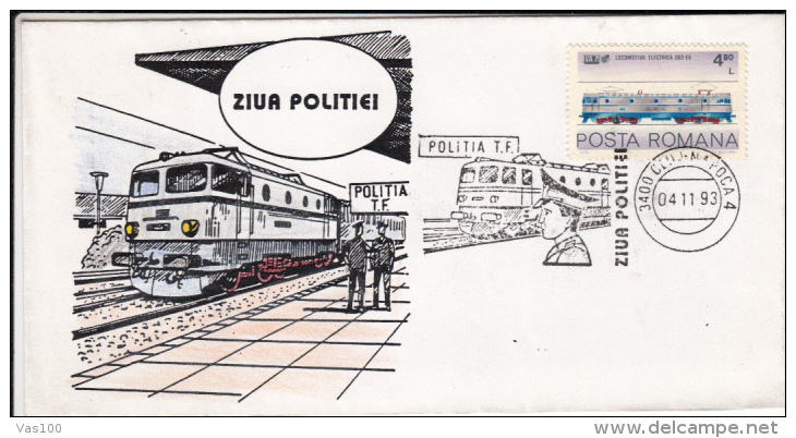 POLICE DAY, RAILWAY POLICE, TRAIN, SPECIAL COVER, 1993, ROMANIA - Police - Gendarmerie