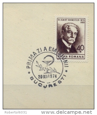 Romania 1974 Albert Schweitzer 1952 Nobel Prize For Peace Stamp On Paper With First Day Cancel - Albert Schweitzer