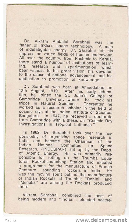 Stamped Information Sheet On  Vikram Sarabhai, Scientist, Rocket Rohini, Peace Bird Dove, Space India 1972 - Asien