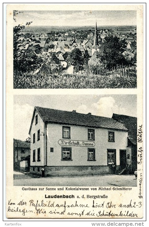 Laudenbach, Bergstrasse, MBK(2),Gasthaus Zur Sonne, Geschäft Schmitterer, 1934, Rhein-Neckar-Kreis - Weinheim