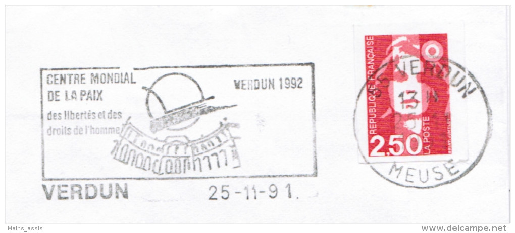 Flamme Illustrée 1991, Verdun, Centre Mondial De La Paix, Liberté Droits De L'homme - WO1