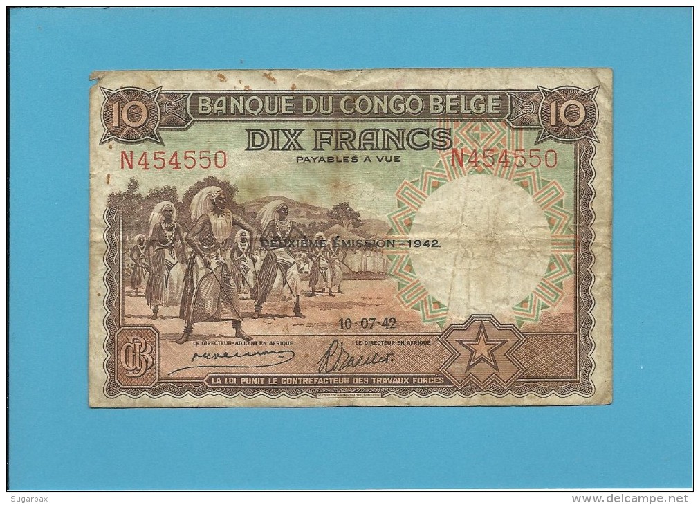 BELGIAN CONGO - 10 FRANCS - 10.07.1942 - P 14B - BANQUE DU CONGO BELGE - BELGIUM - Banca Del Congo Belga
