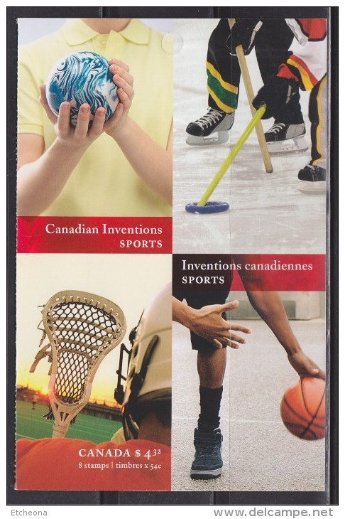 = Inventions Canadiennes De Sports: Cinq-quilles Ringuette Basket-Ball Et La Crosse 1/2 Carnet Autocollant Neuf 4 Timbr - Pages De Carnets