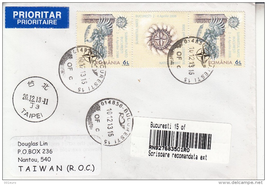 ROMANIA  2013: NATO 2 Stamps + Vignette ( Golden Ink) On Cover Circulated To TAIWAN - Registered Shipping! - NATO