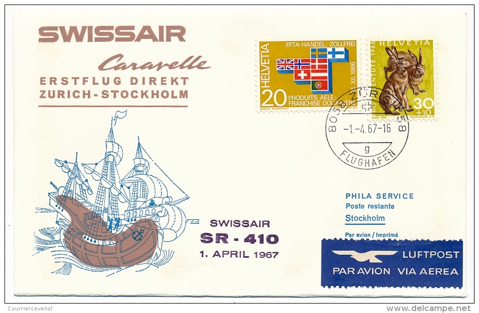 Suisse / Liechtenstein/ Suède - Premier Vol Caravelle Swissair - Zurich Stokholm - 1/4/1967 - 3 Enveloppes - First Flight Covers