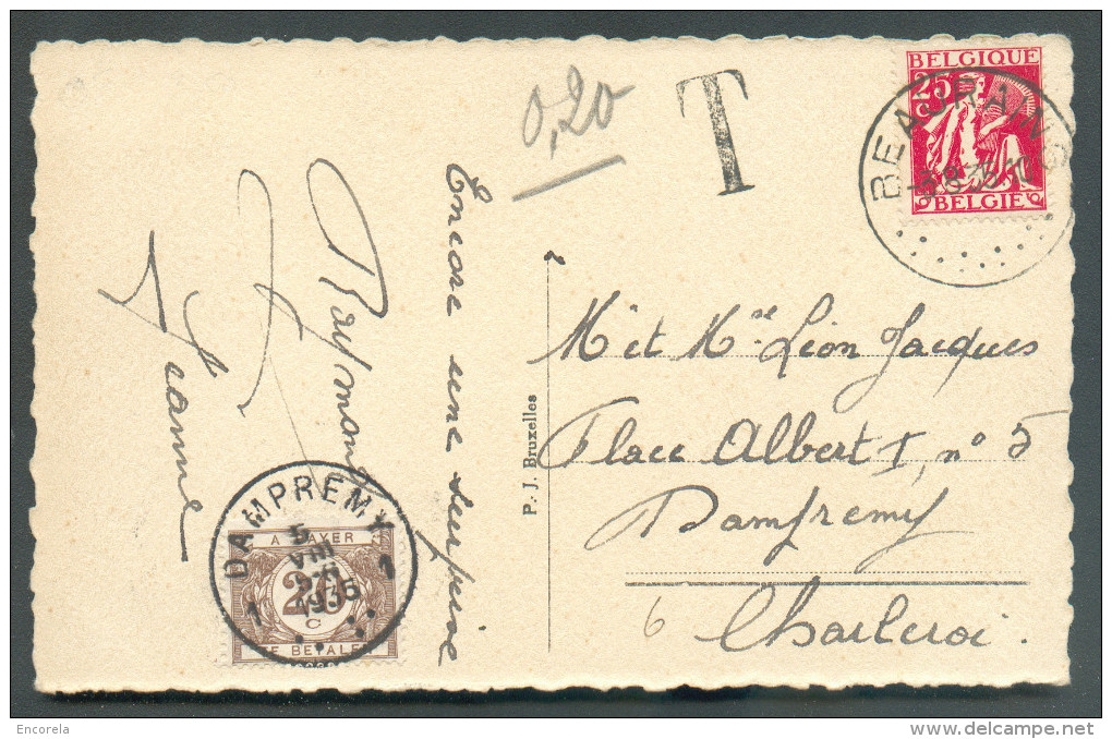 N°339 - 25 Centimes CERES Obl. Sc BEAURAING Sur CP Du 5-8-1935 Vers Damprémy Et Taxée à 20 Centimes Par T-TX N°34 - 9816 - 1932 Cérès Et Mercure