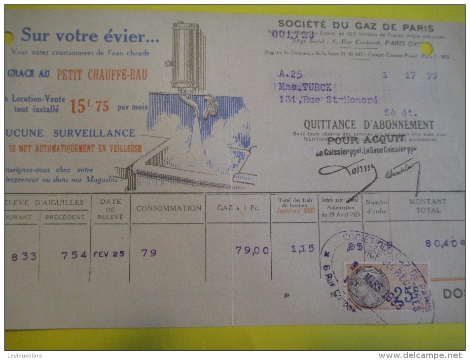 Quittance D´Abonnement / Société Du Gaz De Paris/ Publicité Félix Potin/1933         GEF8 - Elektrizität & Gas