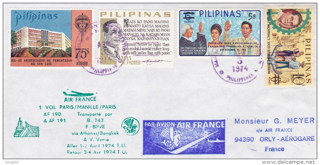 LETTRE PREMIER VOL PHILIPPINE /MANILLE /PARIS VIA ATHENES-BANGKOK 1974 - Vliegtuigen