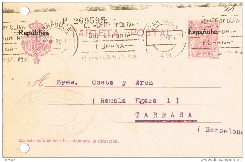 7441. Entero Postal ZARAGOZA 1932. Alfonso XIII Sobrecarga Republica - 1931-....