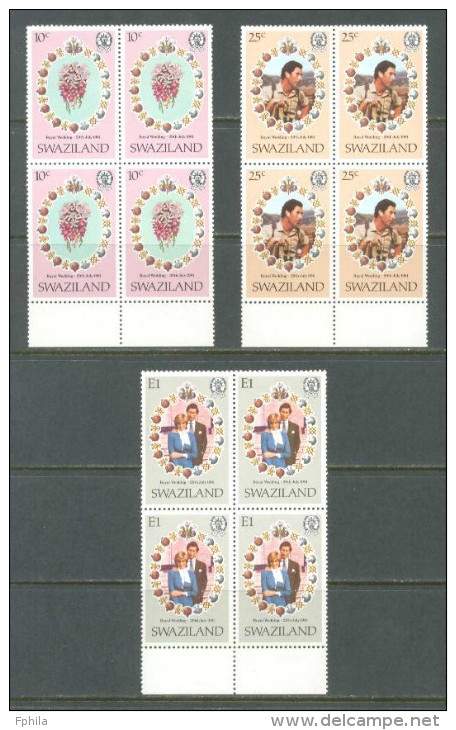 1981 SWAZILAND ROYAL WEDDING OF PRINCE CHARLES & LADY DIANA MICHEL: 375-377 BLOCK OF 4 MNH ** - Swaziland (1968-...)