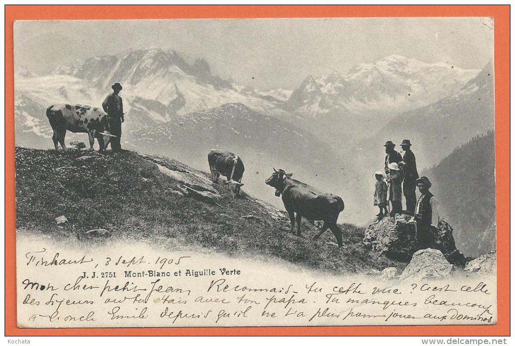 EGG817, Mont-Blanc, Aiguille Verte, Cachet Finhaut, Vaches Animée, Pli, 2751, Circulée 1905 - Finhaut