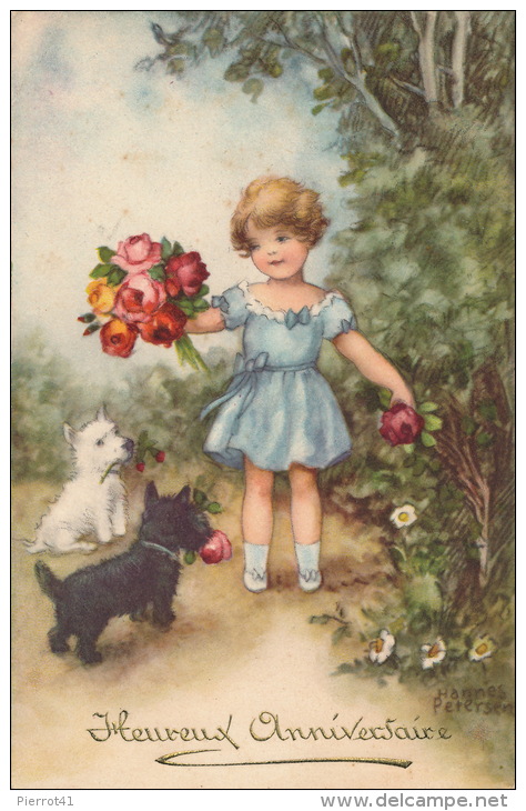 ENFANTS - Jolie Carte Fantaisie Fillette Avec Fleurs Et Chiens "Heureux Anniversaire" Signée Hannes PETERSEN - Petersen, Hannes