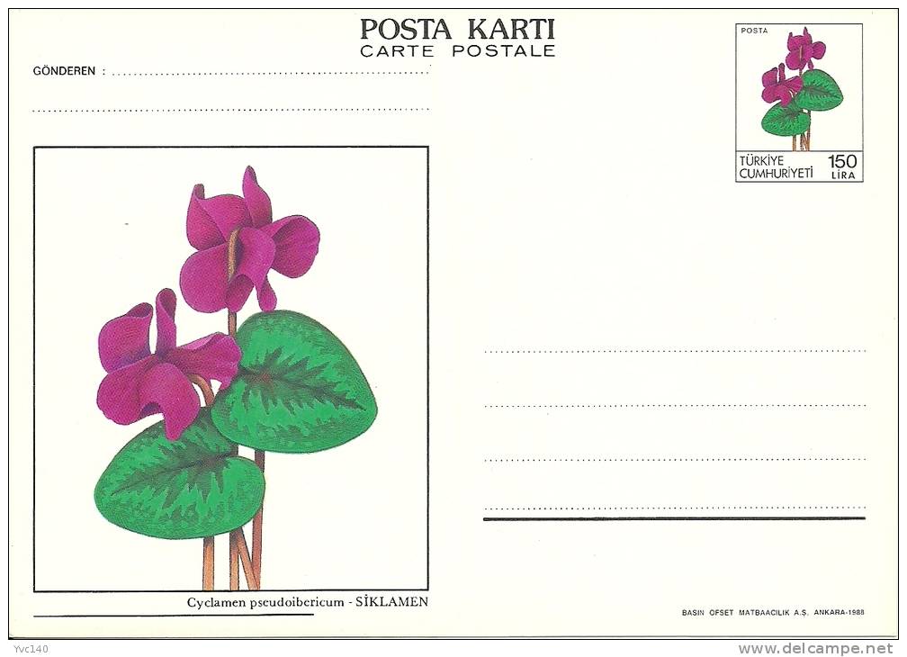 Turkey; 1988 Postal Stationery With The Subject Of Flowers (Cyclamen) - Ganzsachen