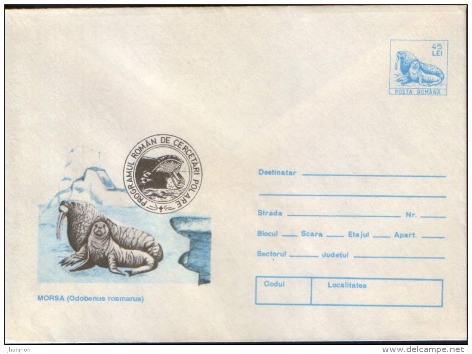 Romania-Stationery Cover Unused,1994- Walrus ; Morse  ,Romanian Polar Research Program - Onderzoeksprogramma's