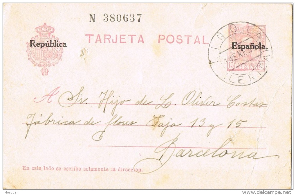 7516. Entero Postal LIÑOLA (Lérida) 1931. Alfonso XIII Republica - 1931-....